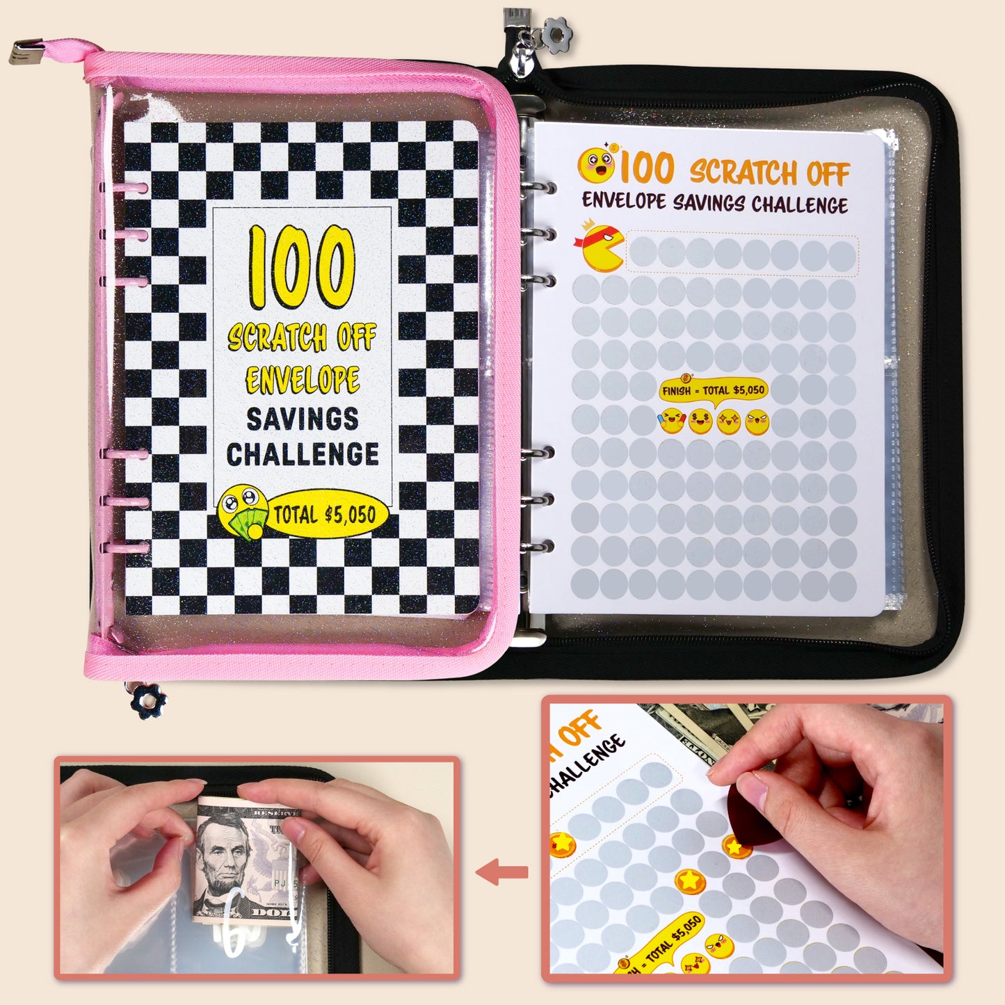 100 Envelopes Money Saving Challenge PVC Zipper Book with Envelopes Money Saving Budget Binder, A New, Fun Way to Save $5,050