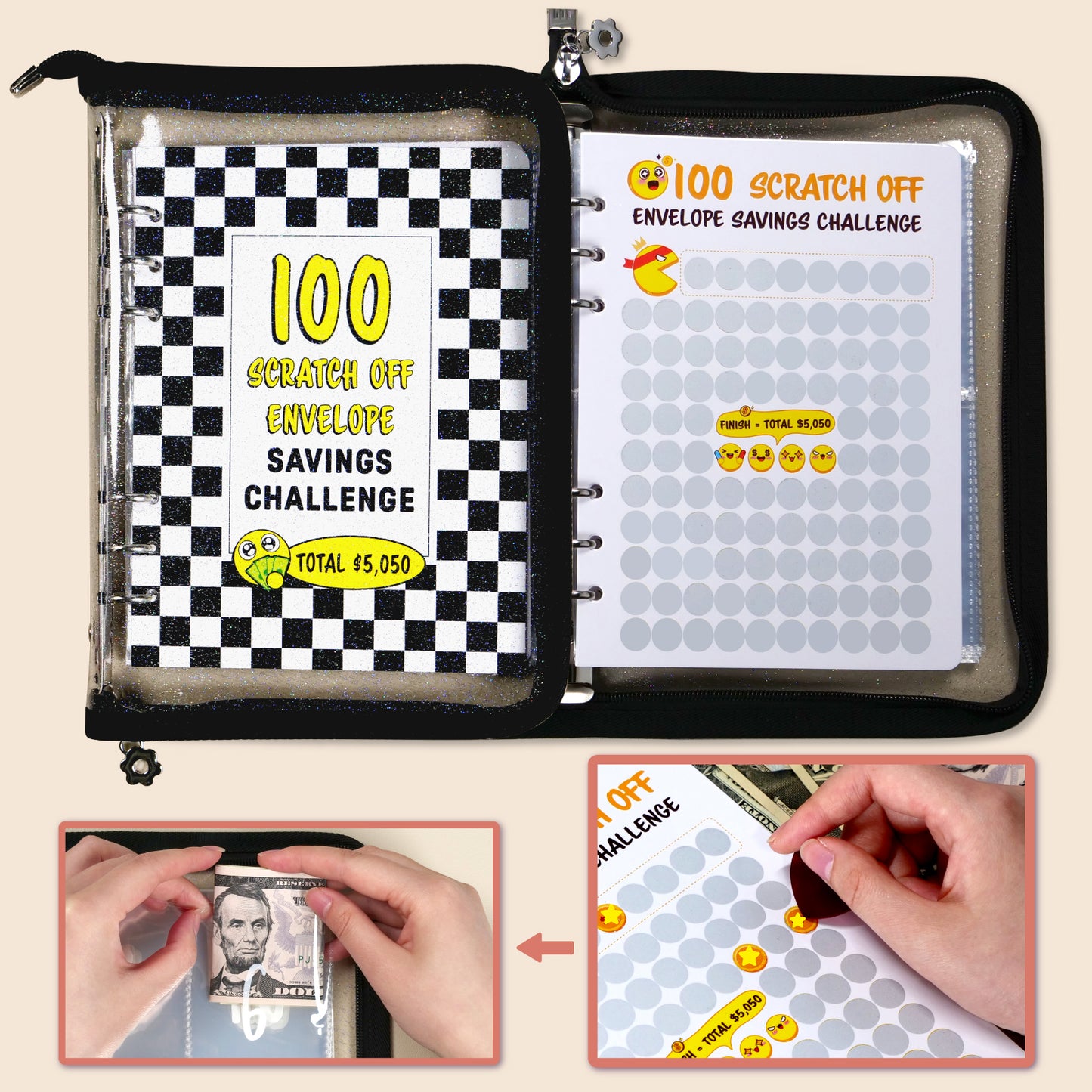 100 Envelopes Money Saving Challenge PVC Zipper Book with Envelopes Money Saving Budget Binder, A New, Fun Way to Save $5,050