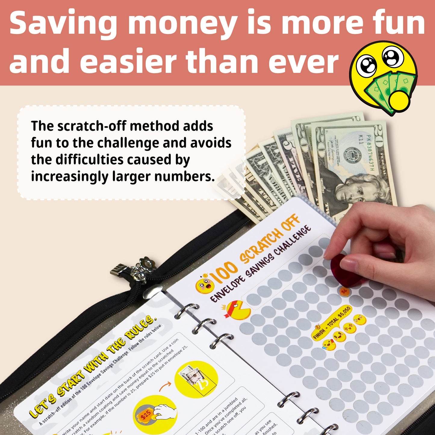 100 Envelopes Money Saving Challenge PVC Zipper Book with Envelopes Money Saving Budget Binder, A New, Fun Way to Save $5,050