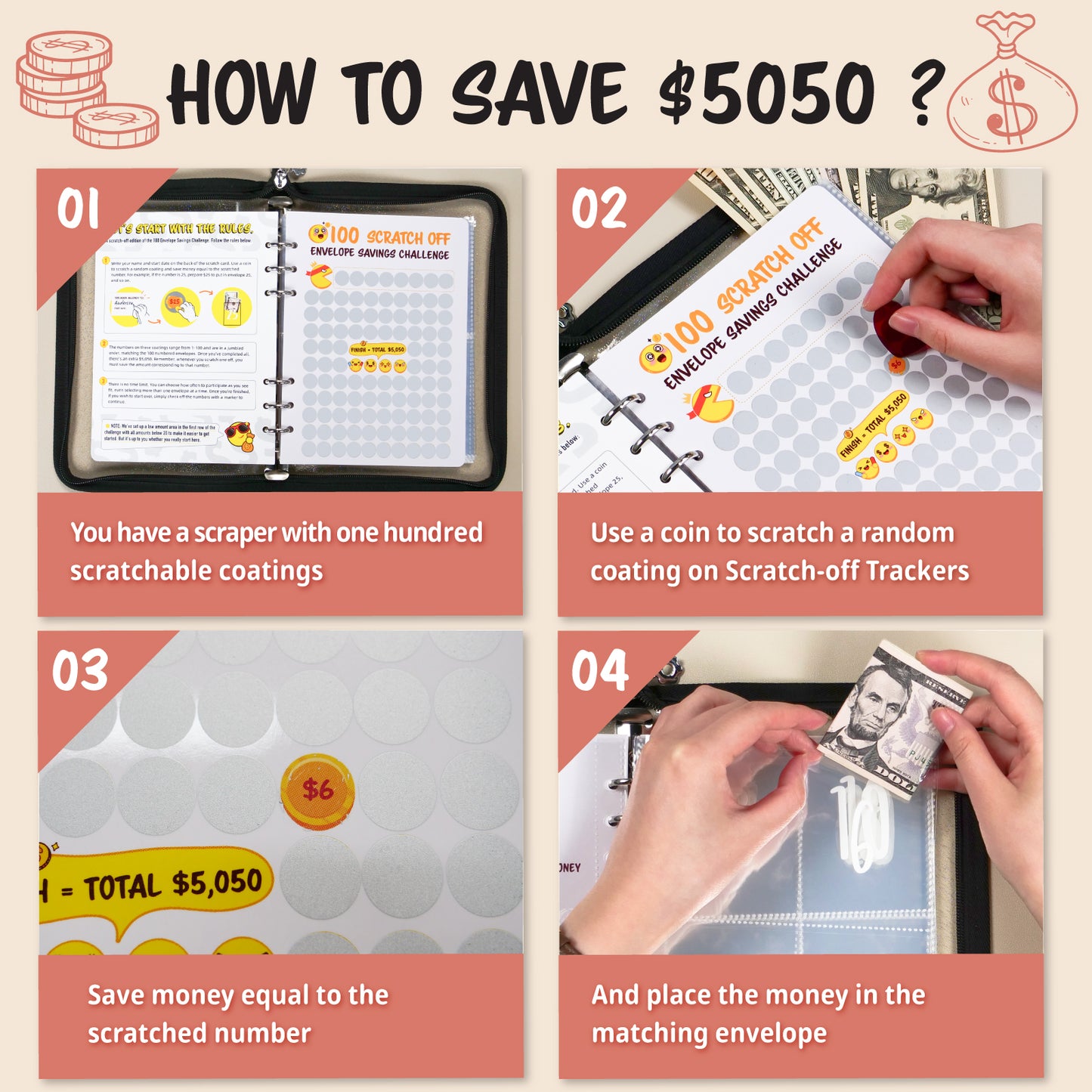 100 Envelopes Money Saving Challenge PVC Zipper Book with Envelopes Money Saving Budget Binder, A New, Fun Way to Save $5,050