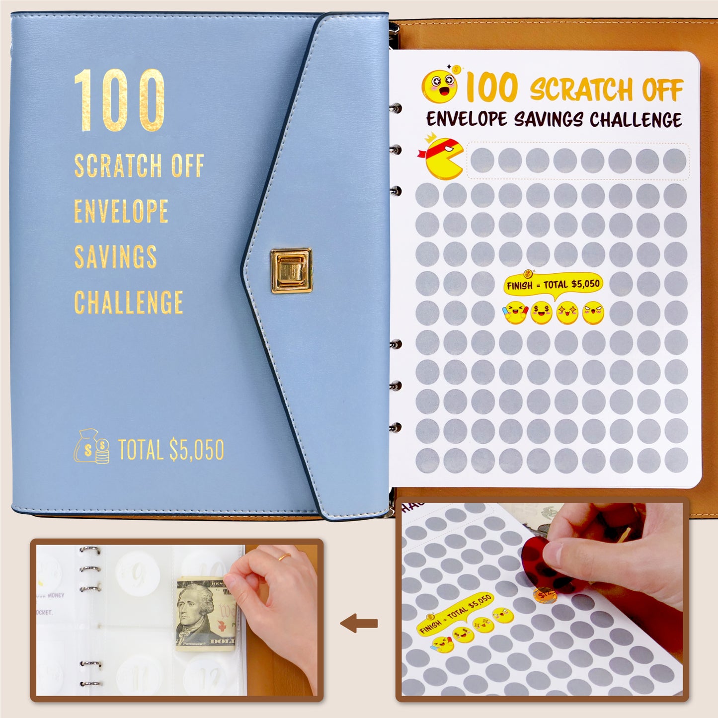 100 Scratch-Off Envelope Savings Challenge - PU Leather Binder
