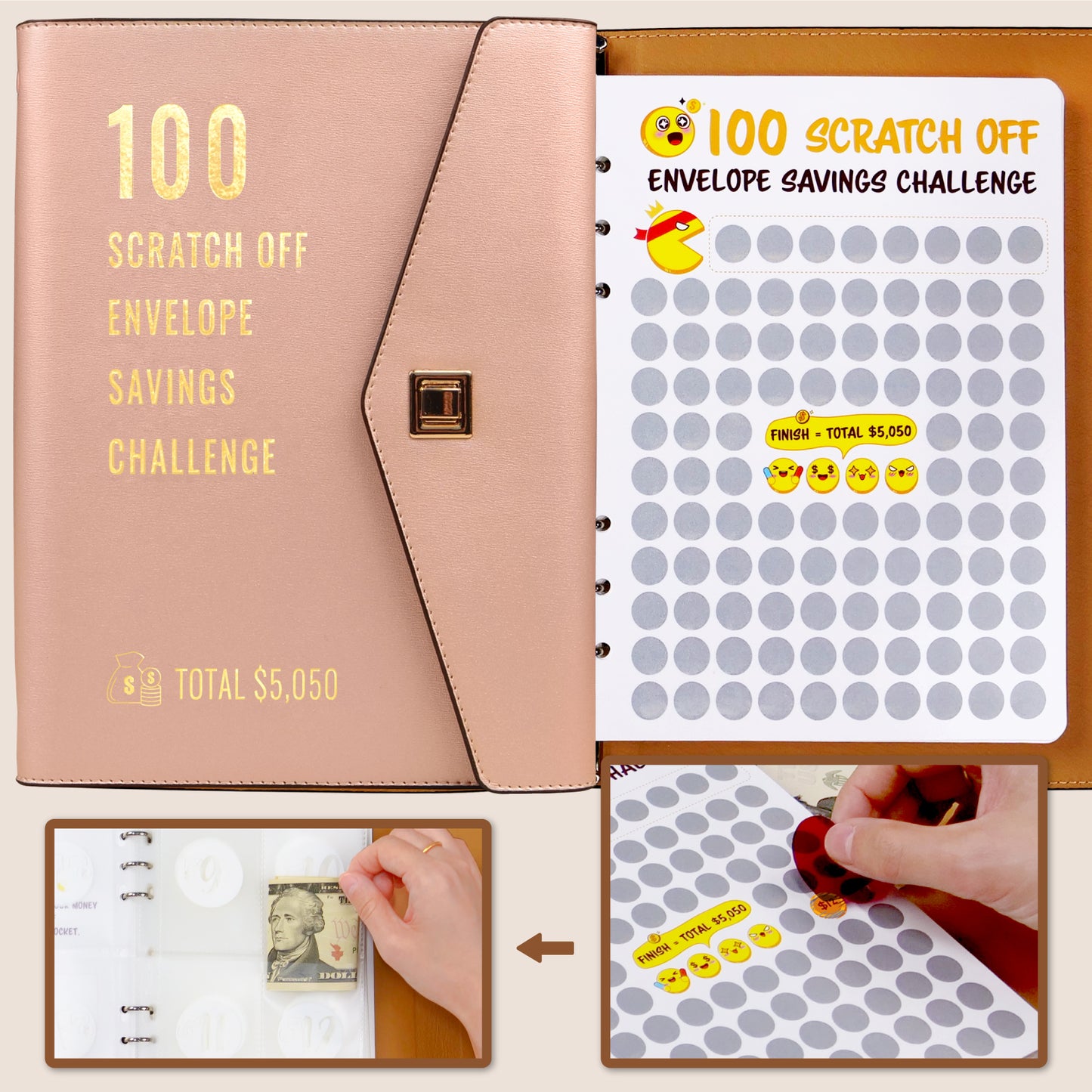 100 Scratch-Off Envelope Savings Challenge - PU Leather Binder