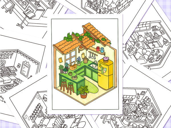 Cozy Corners kitchen coloring example surrounded by line-art pages