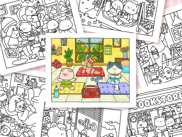 Everyday Joys colored gathering scene surrounded by line-art pages