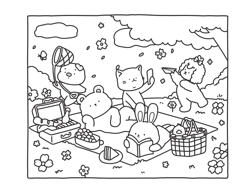 Lovely Squad animal friends at a spring picnic, a free printable coloring sample