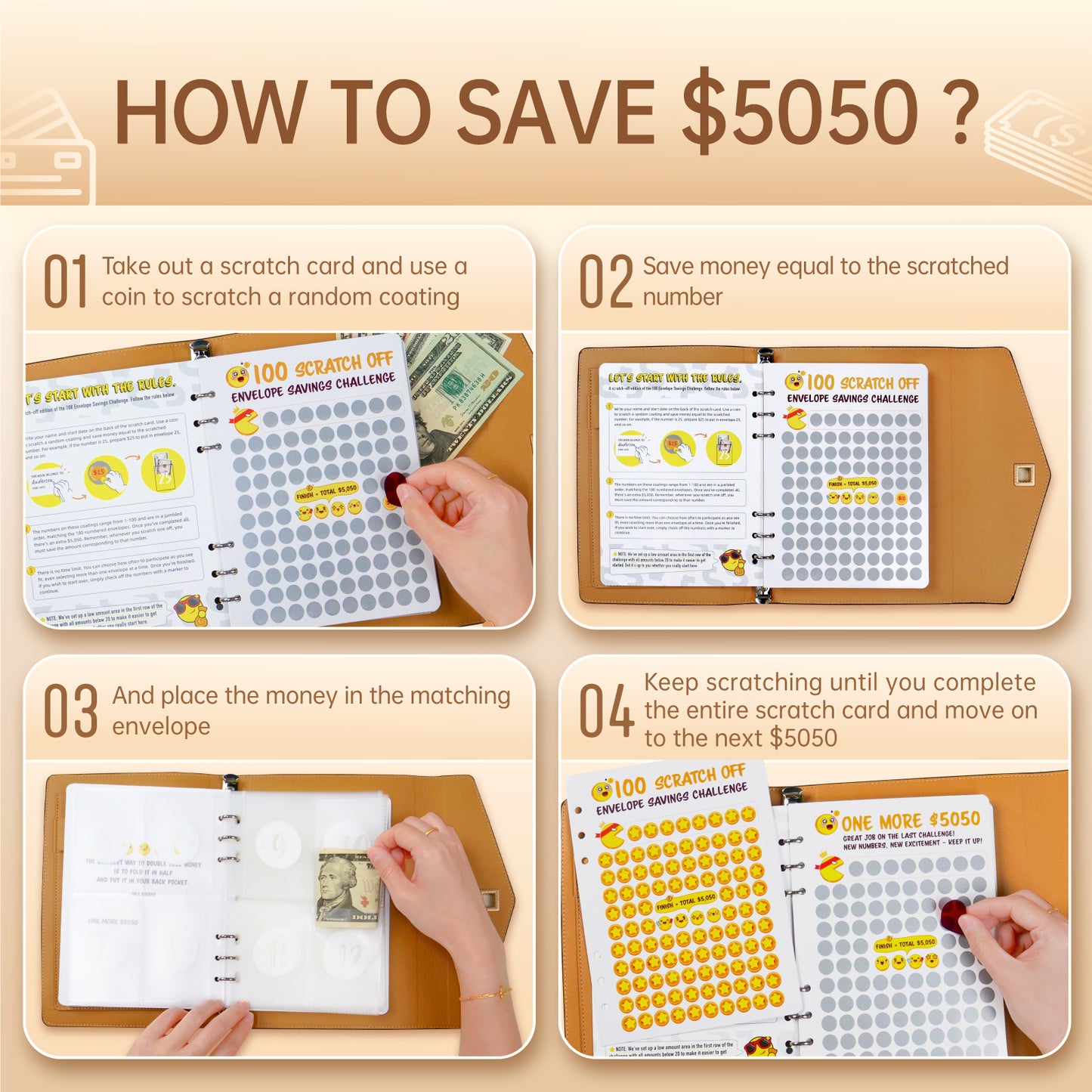 100 Scratch-Off Envelope Savings Challenge - PU Leather Binder