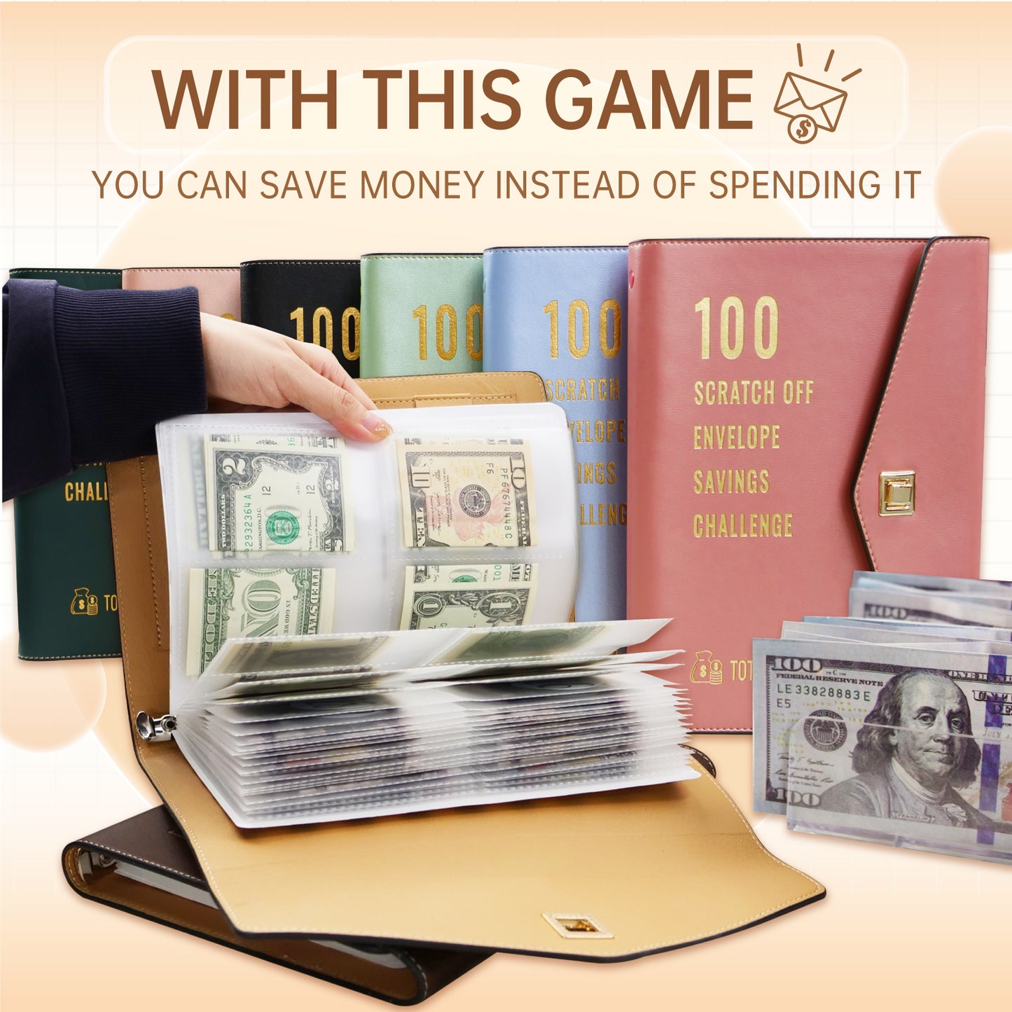 100 Scratch-Off Envelope Savings Challenge - PU Leather Binder