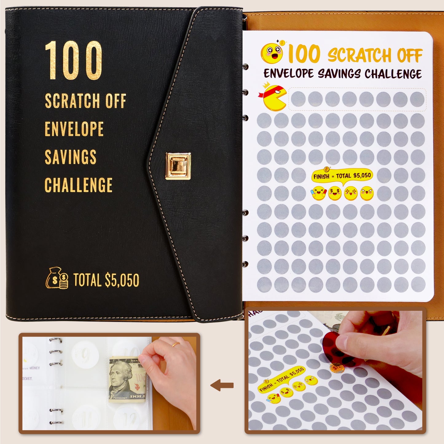 100 Scratch-Off Envelope Savings Challenge - PU Leather Binder