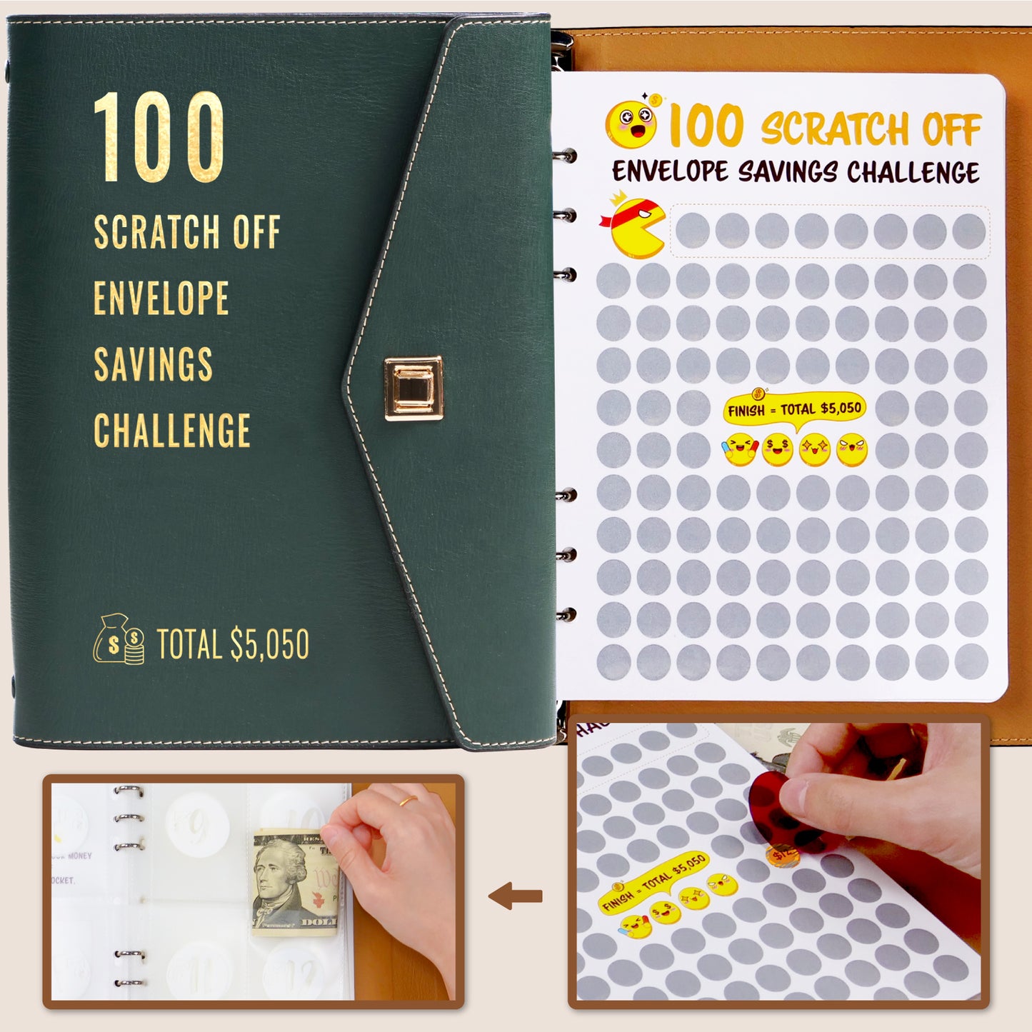 100 Scratch-Off Envelope Savings Challenge - PU Leather Binder