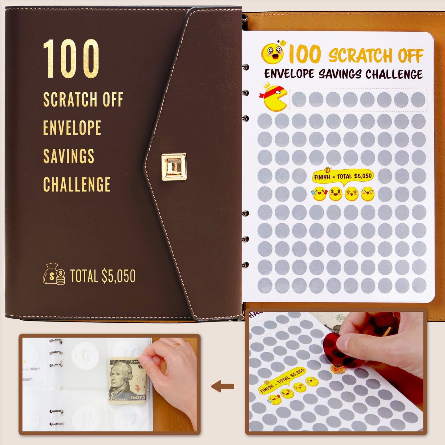 100 Scratch-Off Envelope Savings Challenge - PU Leather Binder
