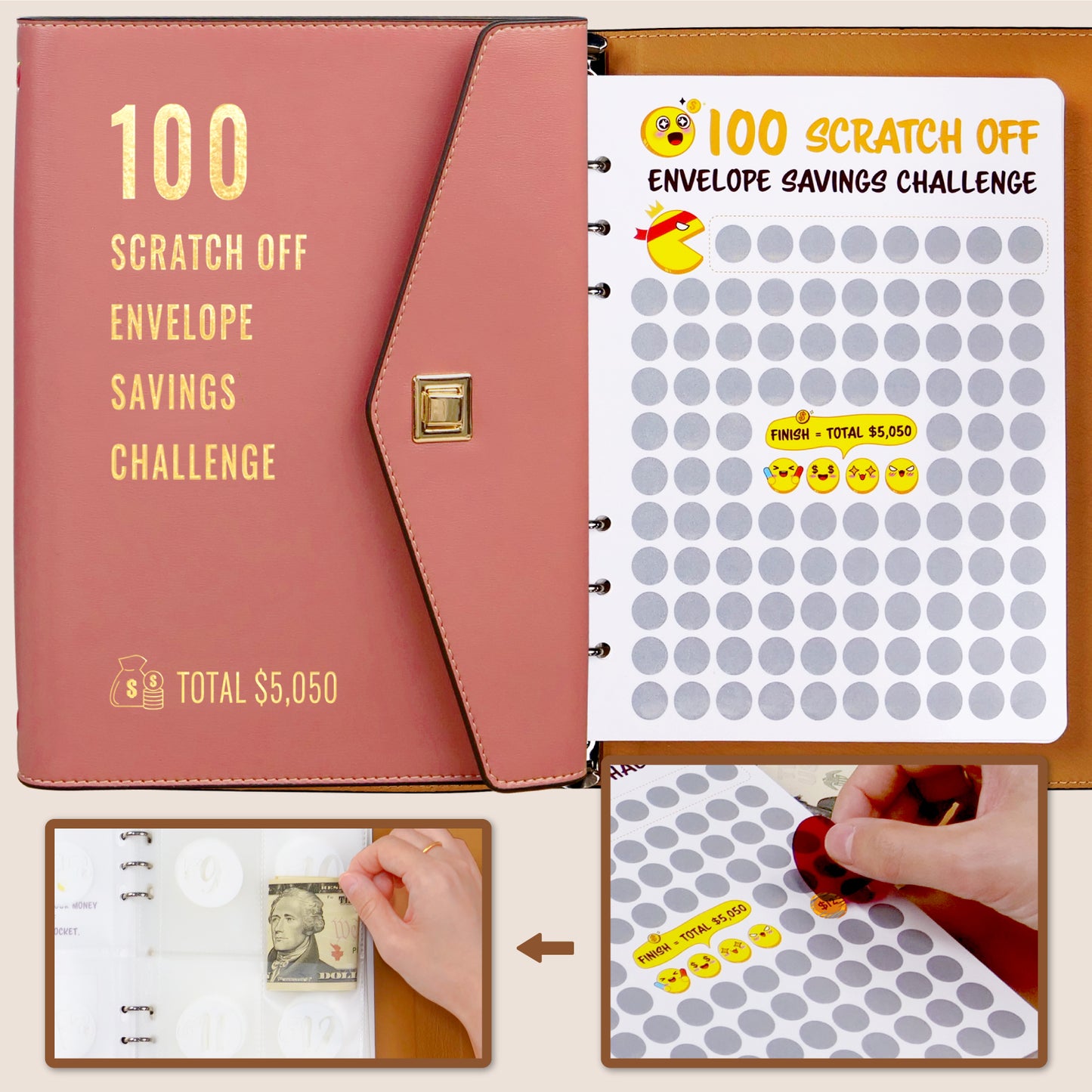 100 Scratch-Off Envelope Savings Challenge - PU Leather Binder