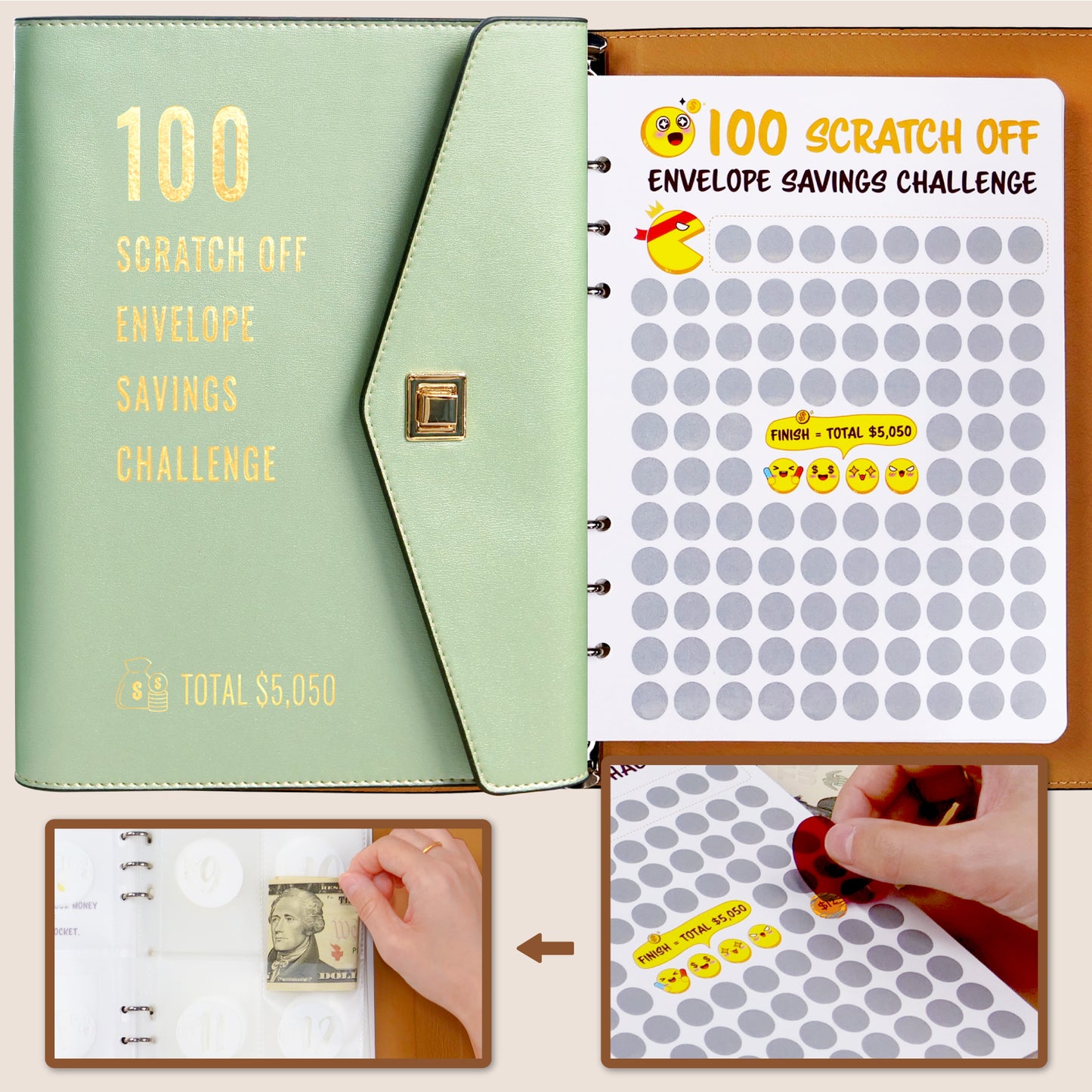 100 Scratch-Off Envelope Savings Challenge - PU Leather Binder