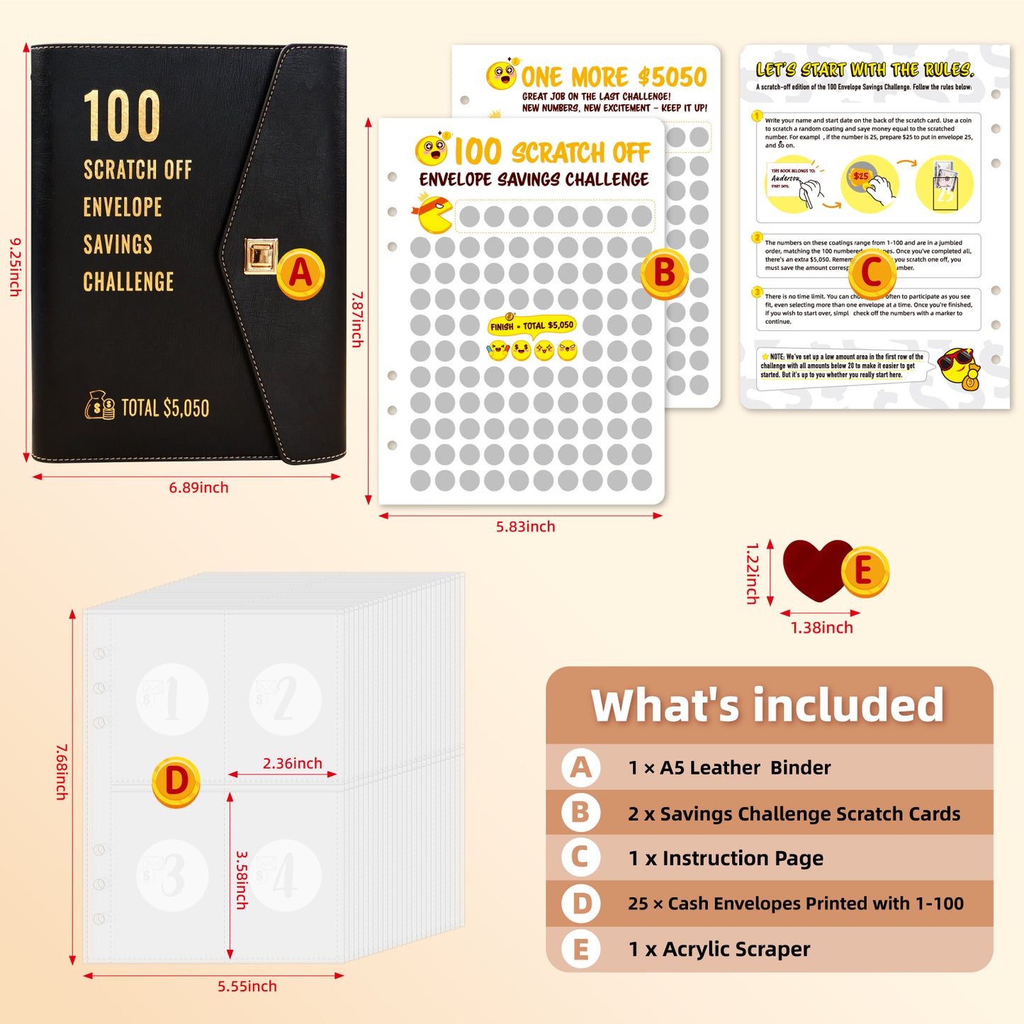 100 Scratch-Off Envelope Savings Challenge - PU Leather Binder