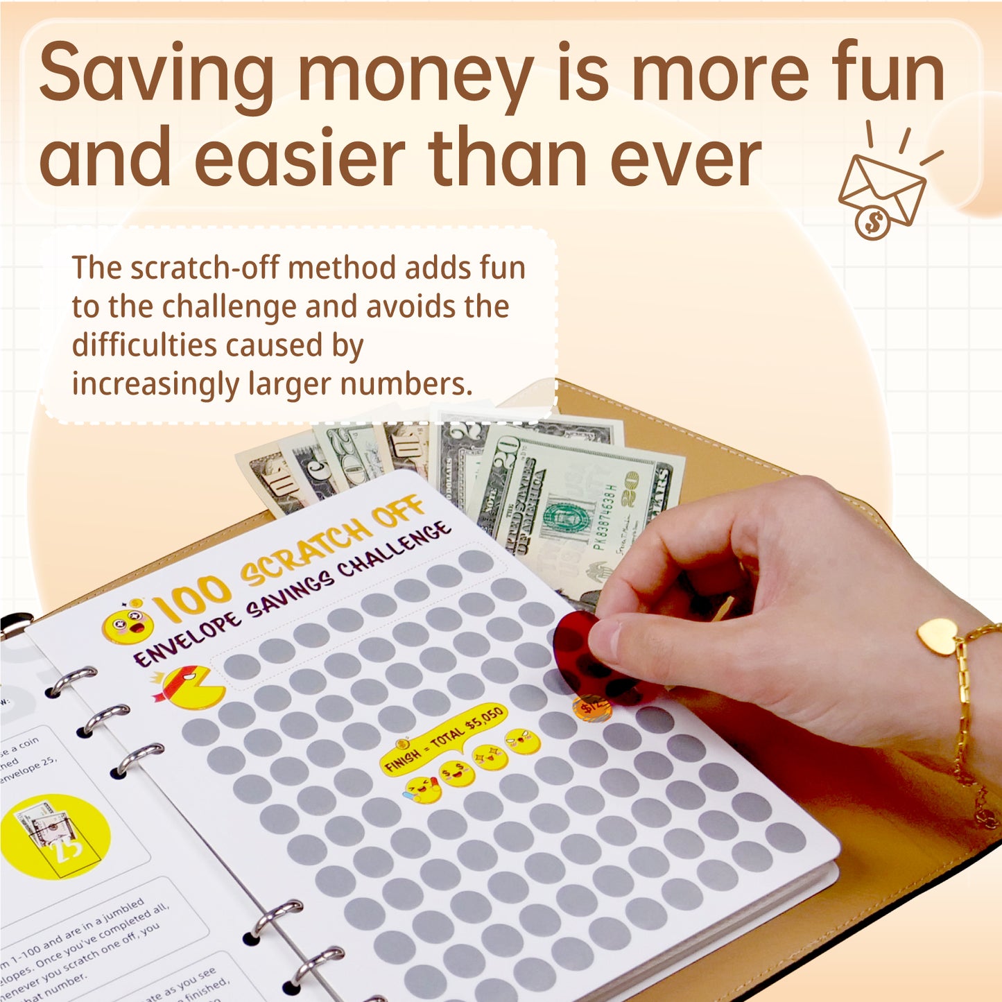 100 Scratch-Off Envelope Savings Challenge - PU Leather Binder