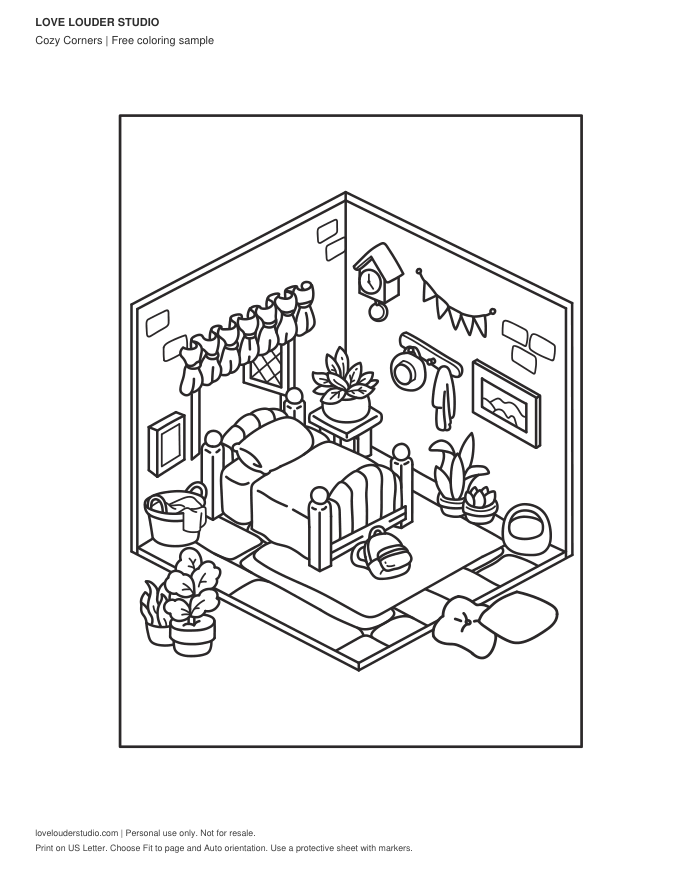 Bedroom line art with plants and a bed