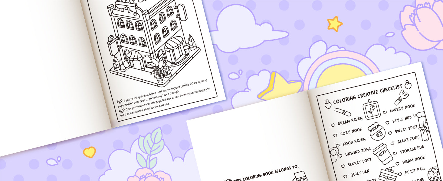 Cozy Corners color test page and creative checklist in the book layout