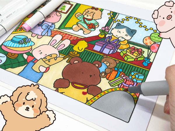 Lovely Squad Everyday Joys animal friends scene being colored with markers