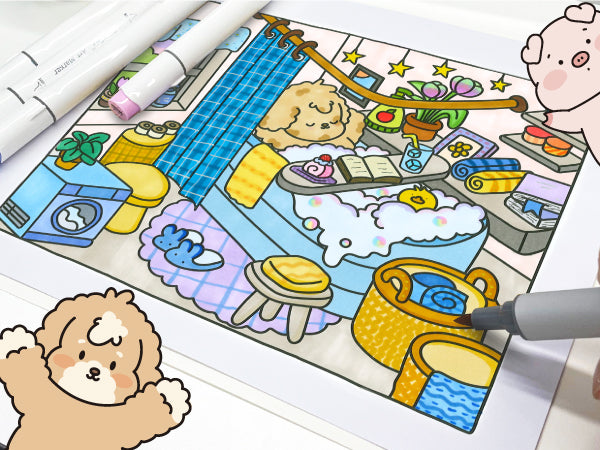 Lovely Squad Spring Memories swimming pool scene being colored with markers