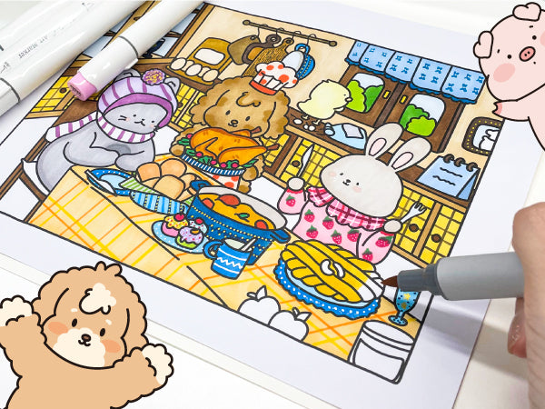Lovely Squad Debut Collection animal friends at a kitchen table being colored with markers
