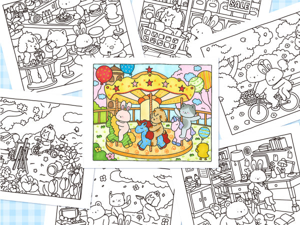 Spring Memories carousel coloring example surrounded by line-art pages